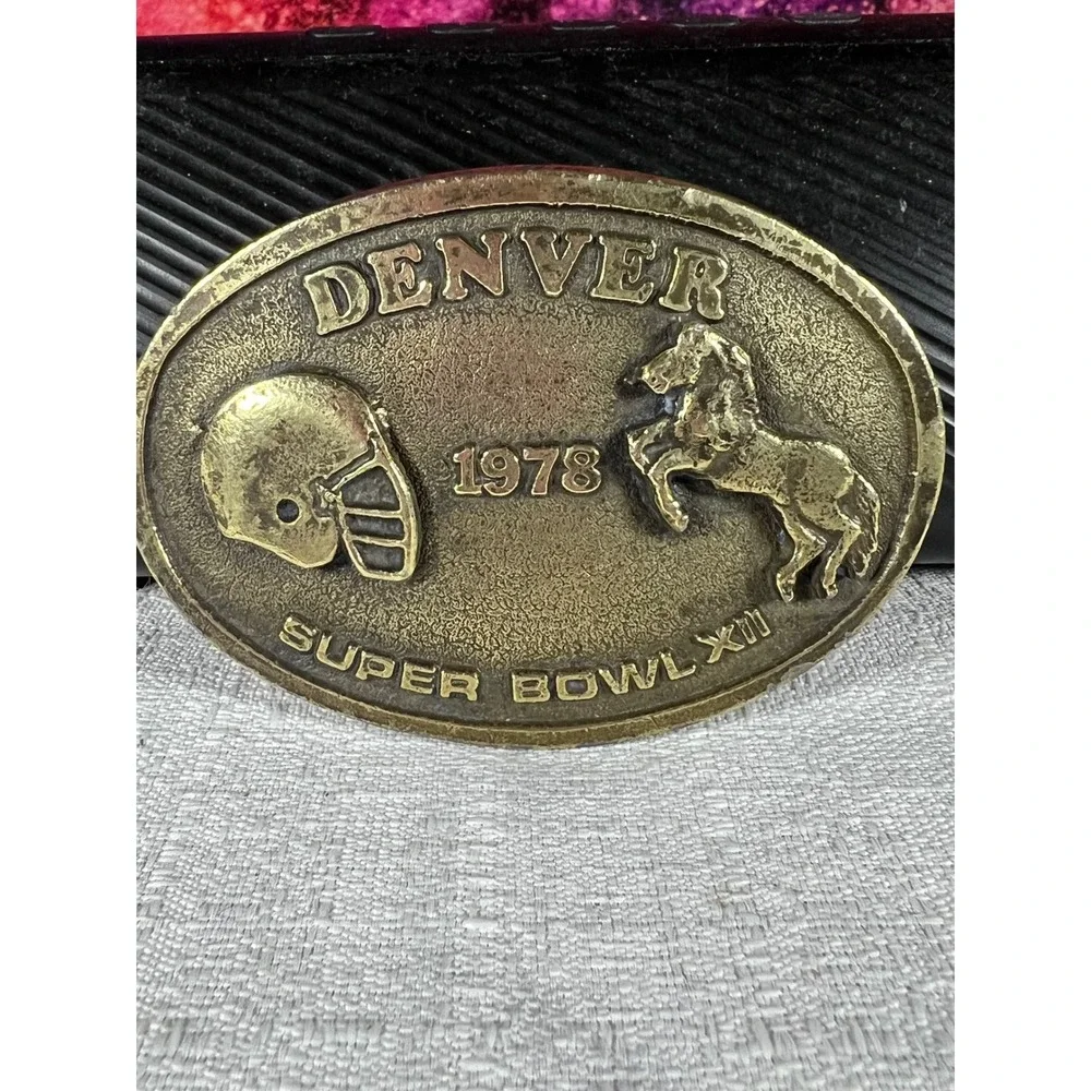 Vintage 1978 Denver Super Bowl XII Belt Buckle Sanchez International Brass Oval